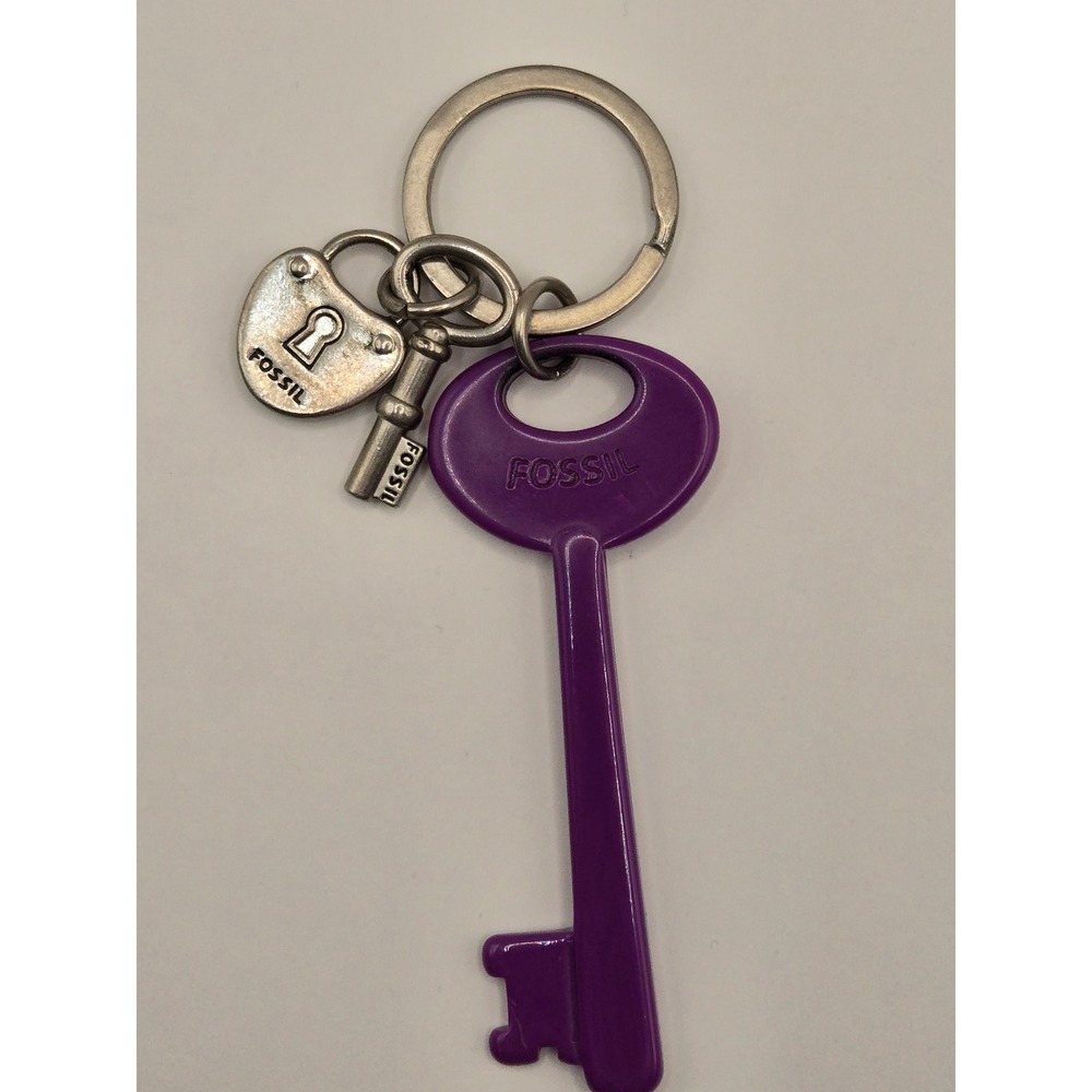 Fossil Purple Oversized Key Keychain Silver Heart Padlock Skeleton Key Charm